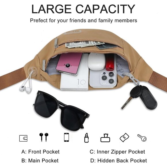 Women Men Khaki Large Crossbody Fanny Pack Belt Bag Hands-Free Waist Pack - Picture 3 of 7